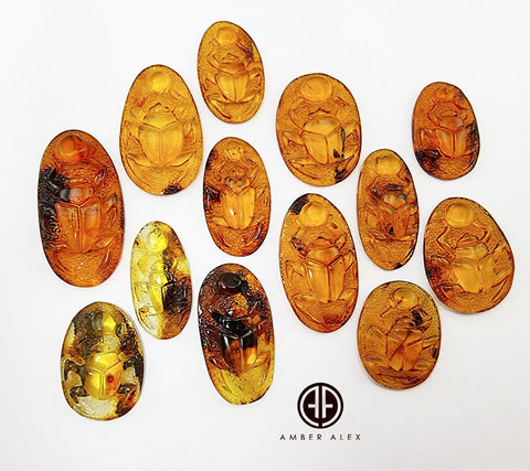 Cognac Amber Carved Scarab Cabochons