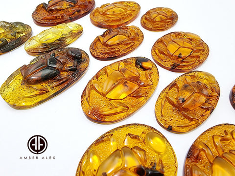 Cognac Amber Carved Scarab Cabochons