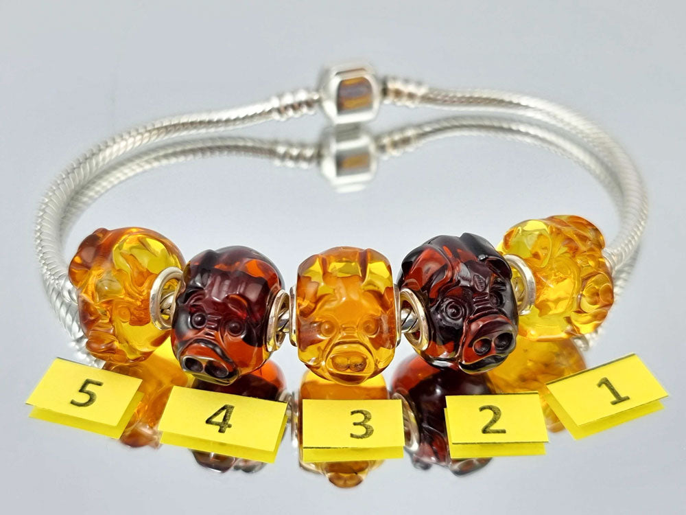 Multi-Color Amber Carved Pig Charm Bead
