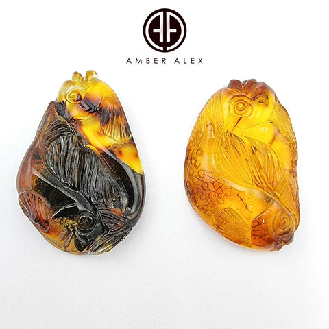 Cognac & Fossil Amber Carved Fishes Cabochons