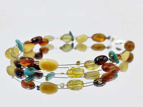 Multi-Color Amber Nugget Beads Wire Bracelet