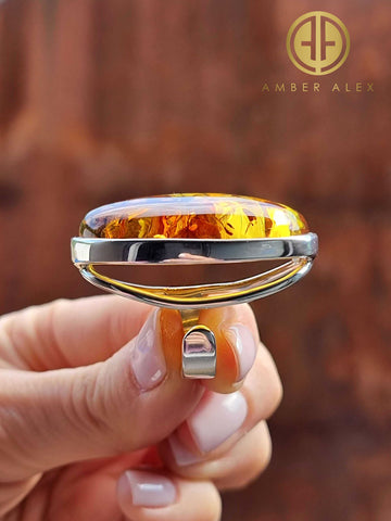 Cognac Amber Free Shape Adjustable Ring Sterling Silver