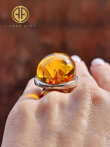 Cognac Amber Free Shape Adjustable Ring Sterling Silver