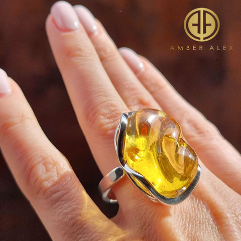 Lemon Amber Free Shape Adjustable Ring Sterling Silver