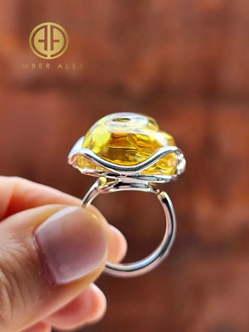 Lemon Amber Free Shape Adjustable Ring Sterling Silver