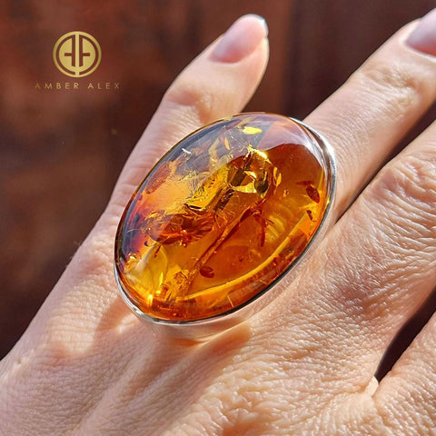 Cognac Amber Free Shape Adjustable Ring Sterling Silver