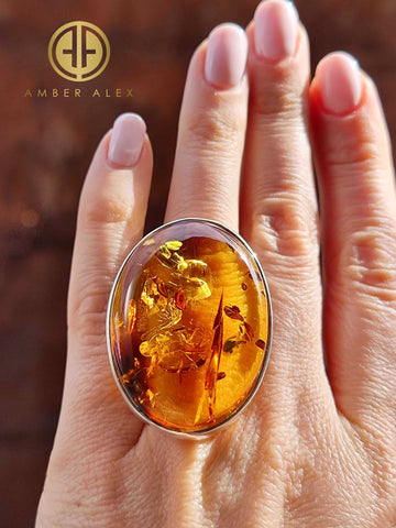 Cognac Amber Free Shape Adjustable Ring Sterling Silver