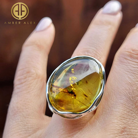 Green Amber Free Shape Bead Adjustable Ring Sterling Silver With Insect