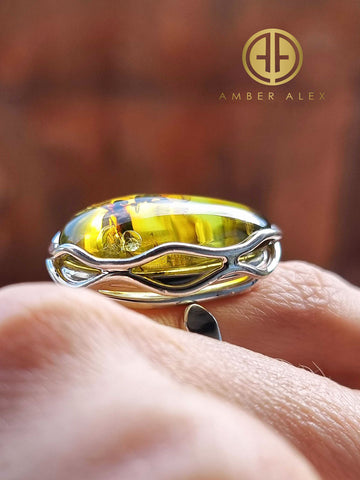 Green Amber Free Shape Bead Adjustable Ring Sterling Silver With Insect