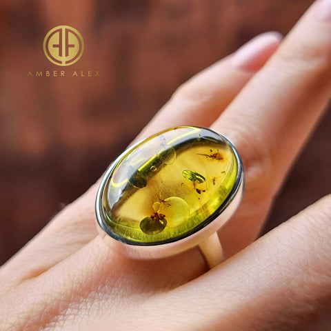 Green Amber Free Shape Bead Adjustable Ring Sterling Silver With Insect