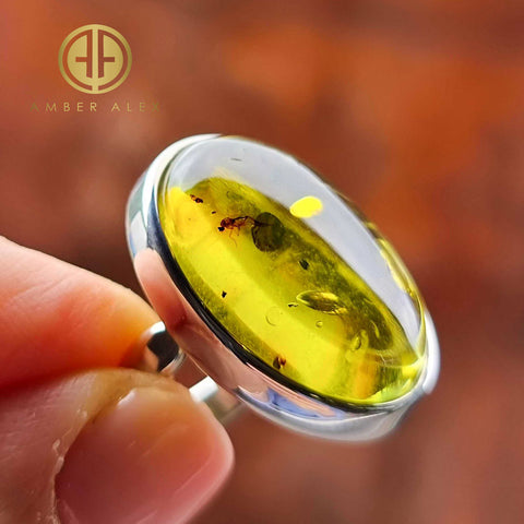 Green Amber Free Shape Bead Adjustable Ring Sterling Silver With Insect