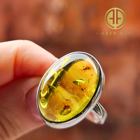 Green Amber Free Shape Bead Adjustable Ring Sterling Silver With Insect