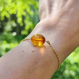 Cognac Amber Olive Bead Chain Bracelet 14K Gold Plated