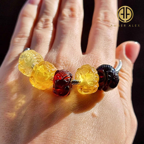 Multi-Color Amber Carved Elephant Charm Bead