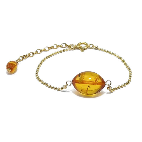 Cognac Amber Olive Bead Chain Bracelet 14K Gold Plated