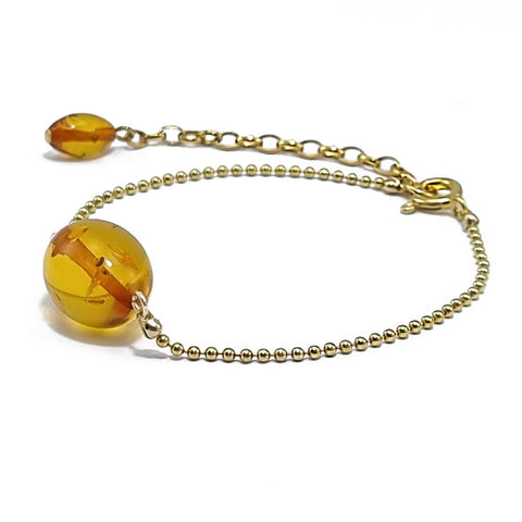 Cognac Amber Olive Bead Chain Bracelet 14K Gold Plated