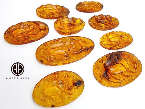 Cognac Amber Carved Scarab Cabochons