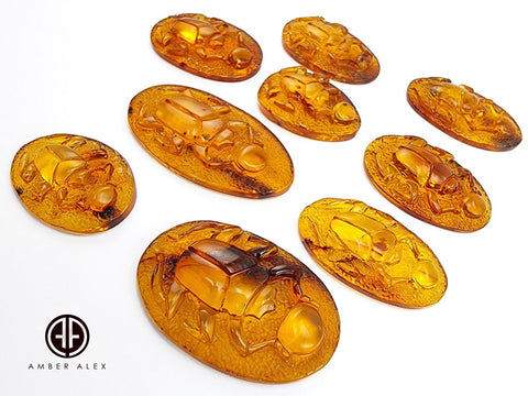 Cognac Amber Carved Scarab Cabochons