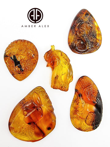 Cognac Amber Carved Animals Cabochons