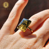 Earth Stone Amber Rectangular Adjustable Ring 14K Gold Plated