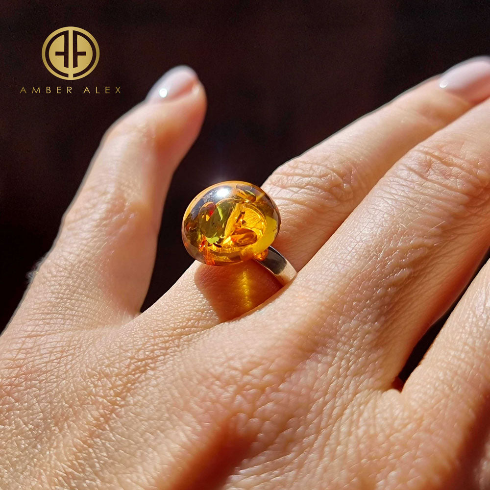 Cognac Amber Round Adjustable Ring Sterling Silver