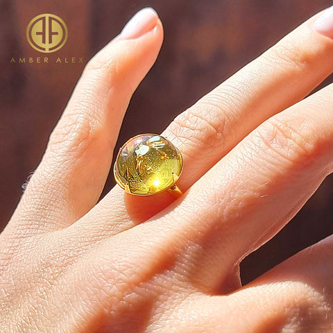 Lemon Amber Round Adjustable Ring 14K Gold Plated