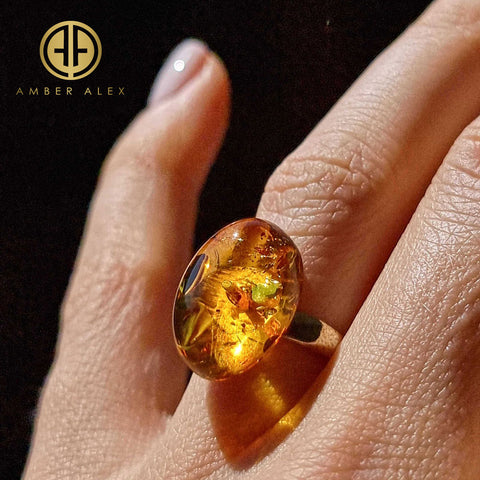 Cognac Amber Oval Adjustable Ring Sterling Silver