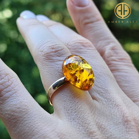 Cognac Amber Oval Adjustable Ring Sterling Silver