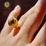 Milky-Fossil Amber Round Bead Adjustable Ring 14K Gold Plated