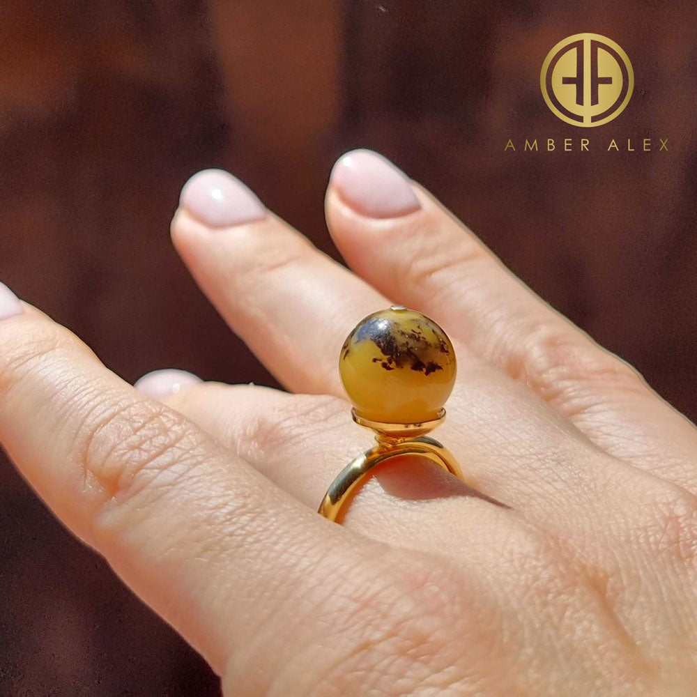 Milky-Fossil Amber Round Bead Adjustable Ring 14K Gold Plated