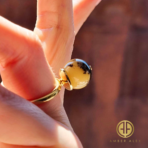 Milky-Fossil Amber Round Bead Adjustable Ring 14K Gold Plated