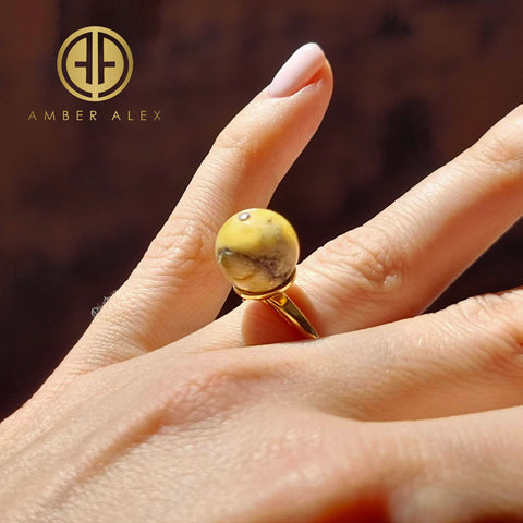 Milky-Fossil Amber Round Bead Adjustable Ring 14K Gold Plated