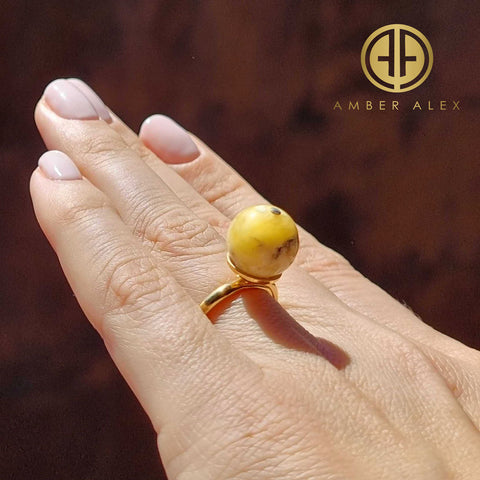 Milky-Fossil Amber Round Bead Adjustable Ring 14K Gold Plated