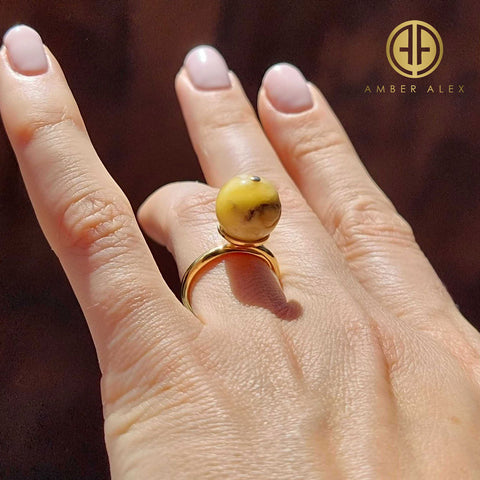 Milky-Fossil Amber Round Bead Adjustable Ring 14K Gold Plated