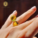 Lemon Amber Faceted Round Bead Adjustable Ring 14K Gold Plated