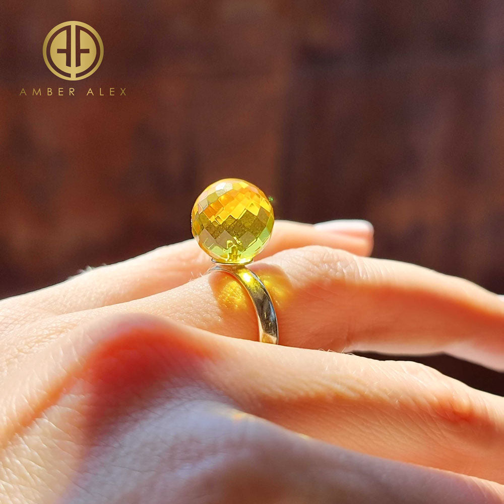 Lemon Amber Faceted Round Bead Adjustable Ring 14K Gold Plated