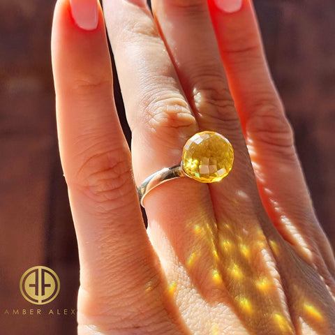 Lemon Amber Faceted Round Bead Adjustable Ring 14K Gold Plated