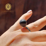 Black Amber Round Bead Adjustable Ring 14K Gold Plated