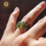Green Amber Rectangular Bead Stretch Ring