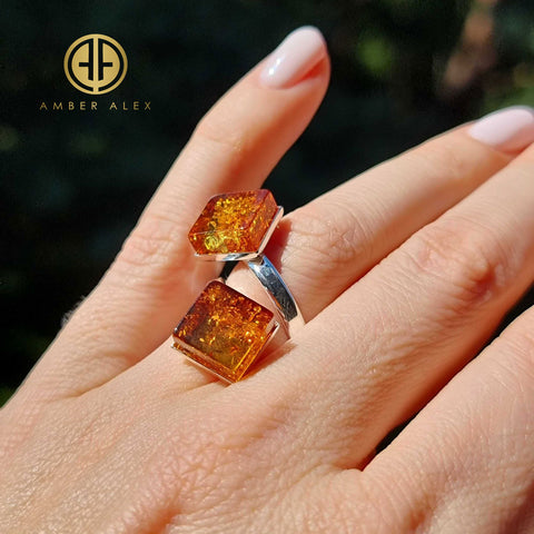 Cognac Amber Square Shape Adjustable Ring Sterling Silver