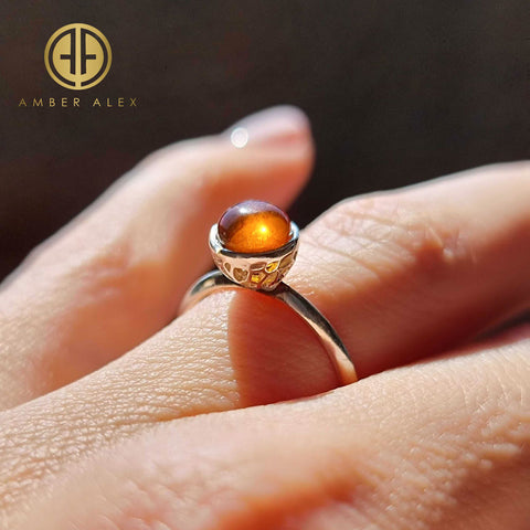 Cognac Amber Round Adjustable Ring Sterling Silver