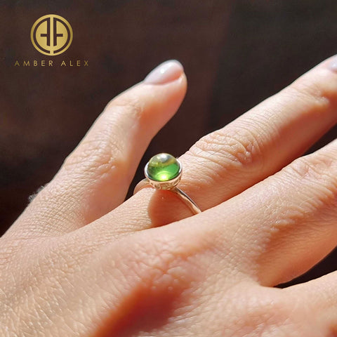 Green Amber Round Adjustable Ring Sterling Silver