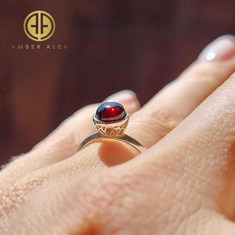 Cherry Amber Round Adjustable Ring Sterling Silver