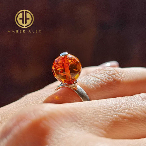 Cognac Amber Round Bead Adjustable Ring Sterling Silver