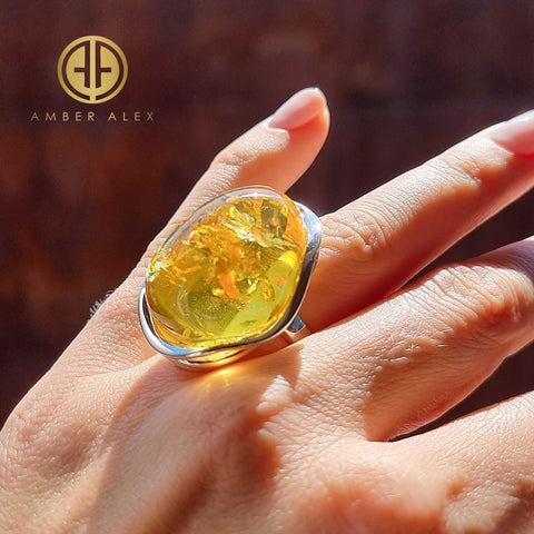 Lemon Amber Free Shape Adjustable Ring Sterling Silver