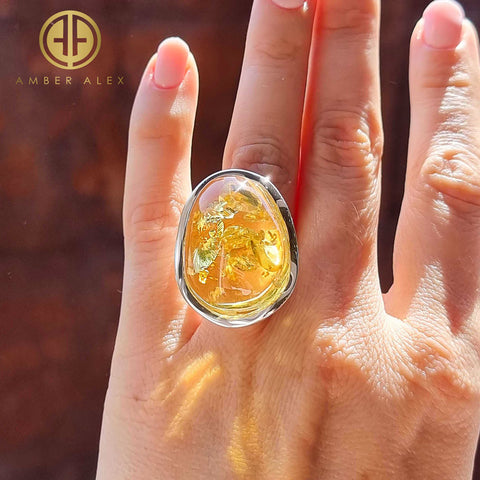 Lemon Amber Free Shape Adjustable Ring Sterling Silver