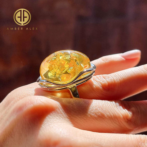 Lemon Amber Free Shape Adjustable Ring Sterling Silver