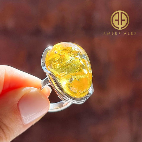 Lemon Amber Free Shape Adjustable Ring Sterling Silver