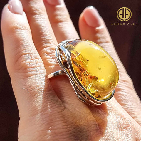 Earth Stone Amber Free Shape Adjustable Ring Sterling Silver