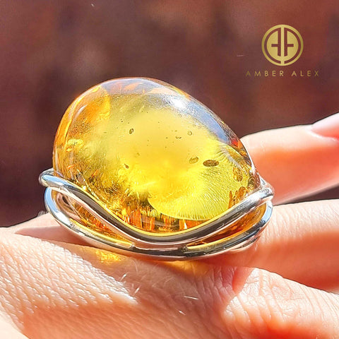 Earth Stone Amber Free Shape Adjustable Ring Sterling Silver